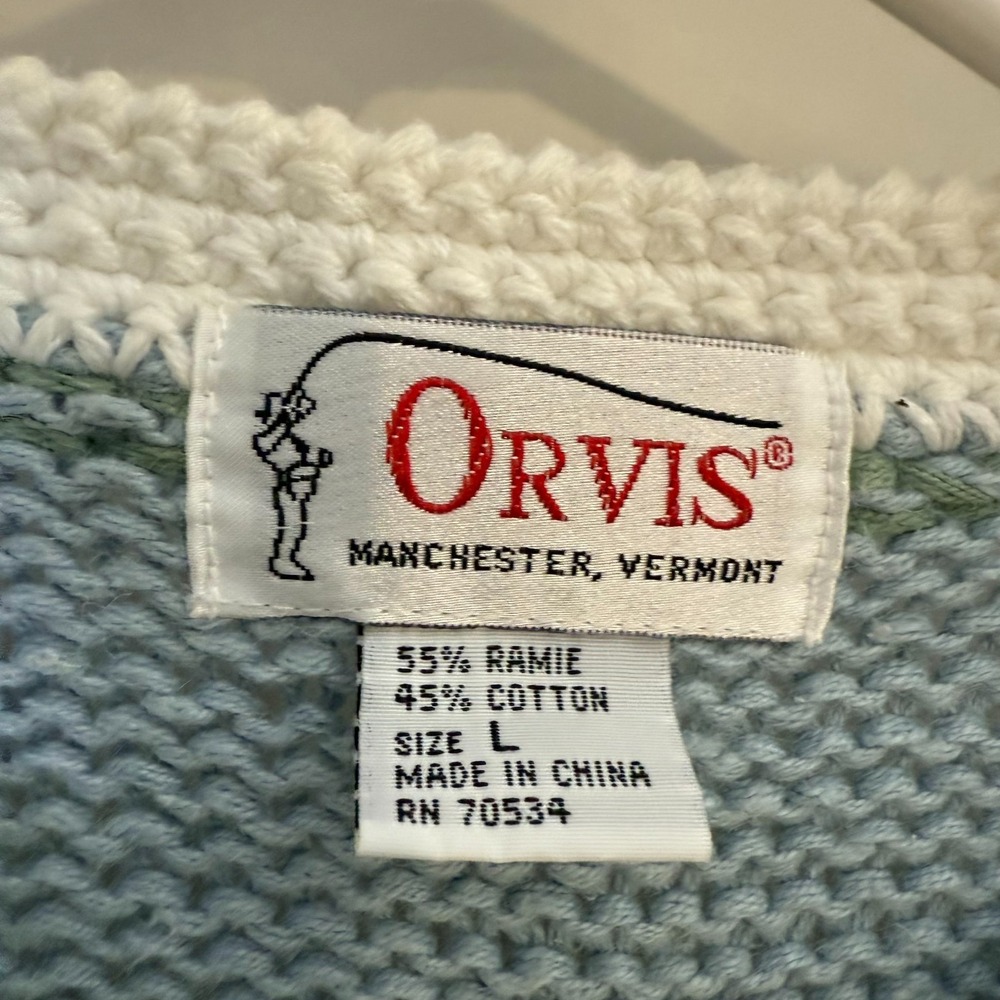Orvis Cardigan Womens Large Gray Egrets Print Knit Snap Long Sleeve Cozy Sweater - Picture 3 of 14